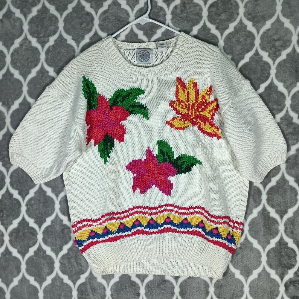 Vintage Cape Isle Knitters Sweater Women Large Cotton Floral 80s Cottage